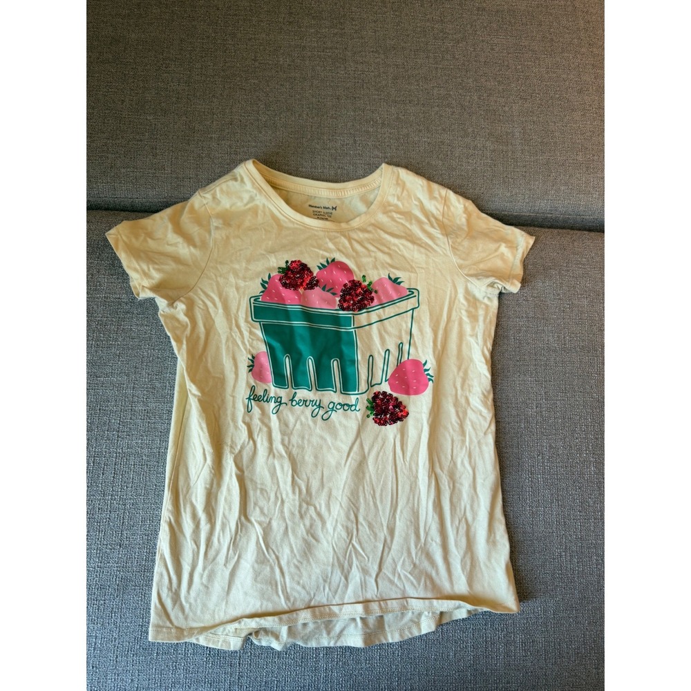 Members Mark Girls XL 14/16 Feeling Berry Good Sequin Strawberry Tee Yellow